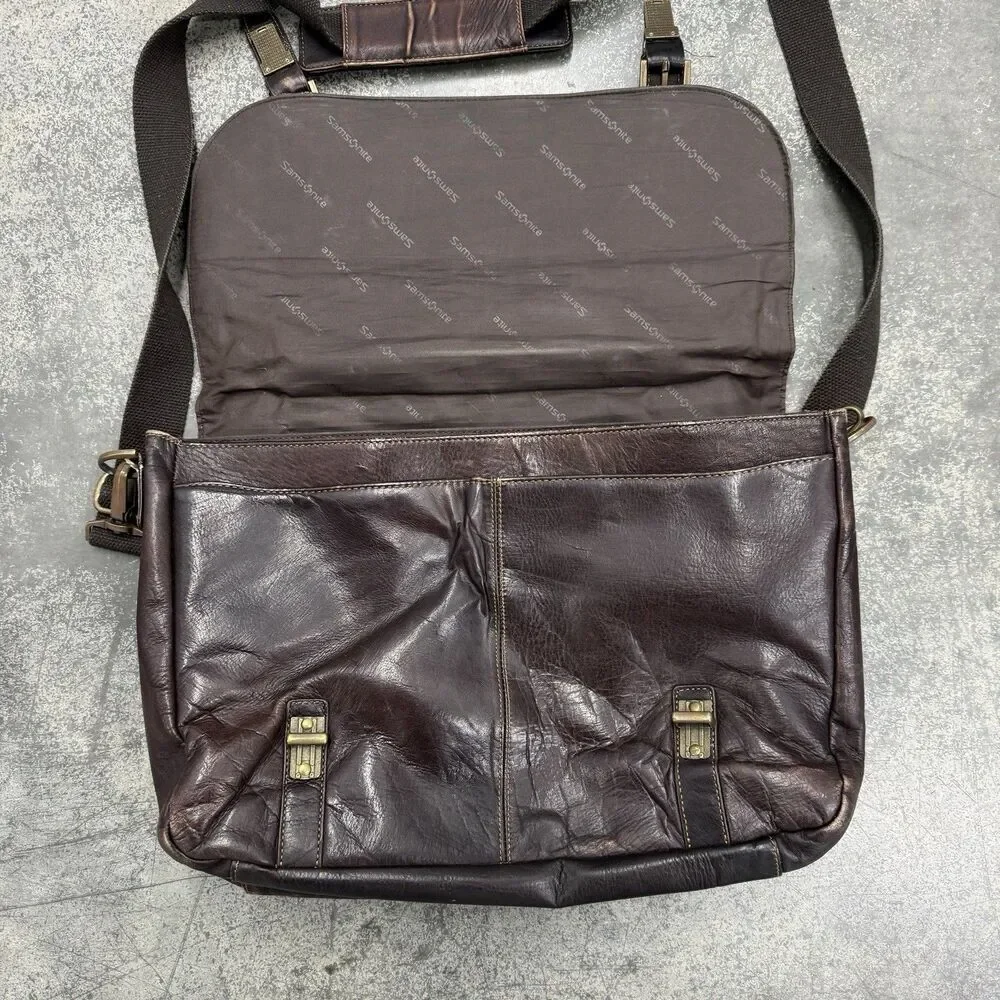 Samsonite Colombian Leather Flap-Over Messenger Bag Laptop Brown Minimalist